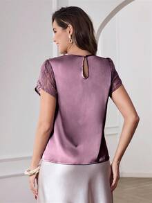 Miaspire Women's Elegant Petal Sleeve Pleated Loose Top, Satin & Contrast Lace, Summer - Purple - View 3