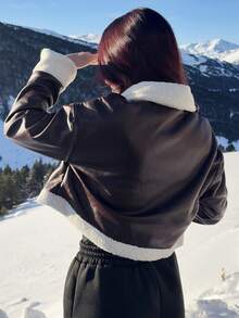 Abrilcols Women's Zipper Closure Faux Fur Collar PU Leather Jacket, Long Sleeve, Autumn/Winter,Fall,Brown Jacket Casual - Coffee Brown - View 2