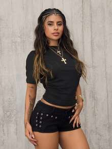 Rayane Ketlyn Women's Summer Minimalist Y2K Basic Daily Wear Casual Back To School Streetwear Stretchy Black Loose Ruched Crop Tees - Black - View 4