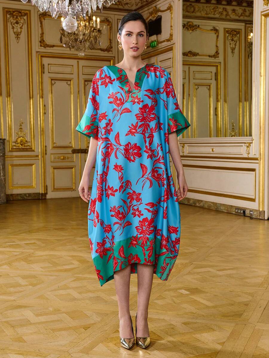 LOTSLUV فستان نسائي أنيق بتصميم كتل اللون والزهور بياقة على شكل حرف V وأكمام قصيرة فضفاض بحافة غير متماثلة طول الركبة باللون الأزرق والأخضر والأحمر - البحيرة الزرقاء - مشاهدة 1