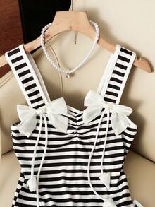 GlowEve Women Striped Fabric 3D Flower Bow Ribbon Tank Top,Summer - Black and White - View 6
