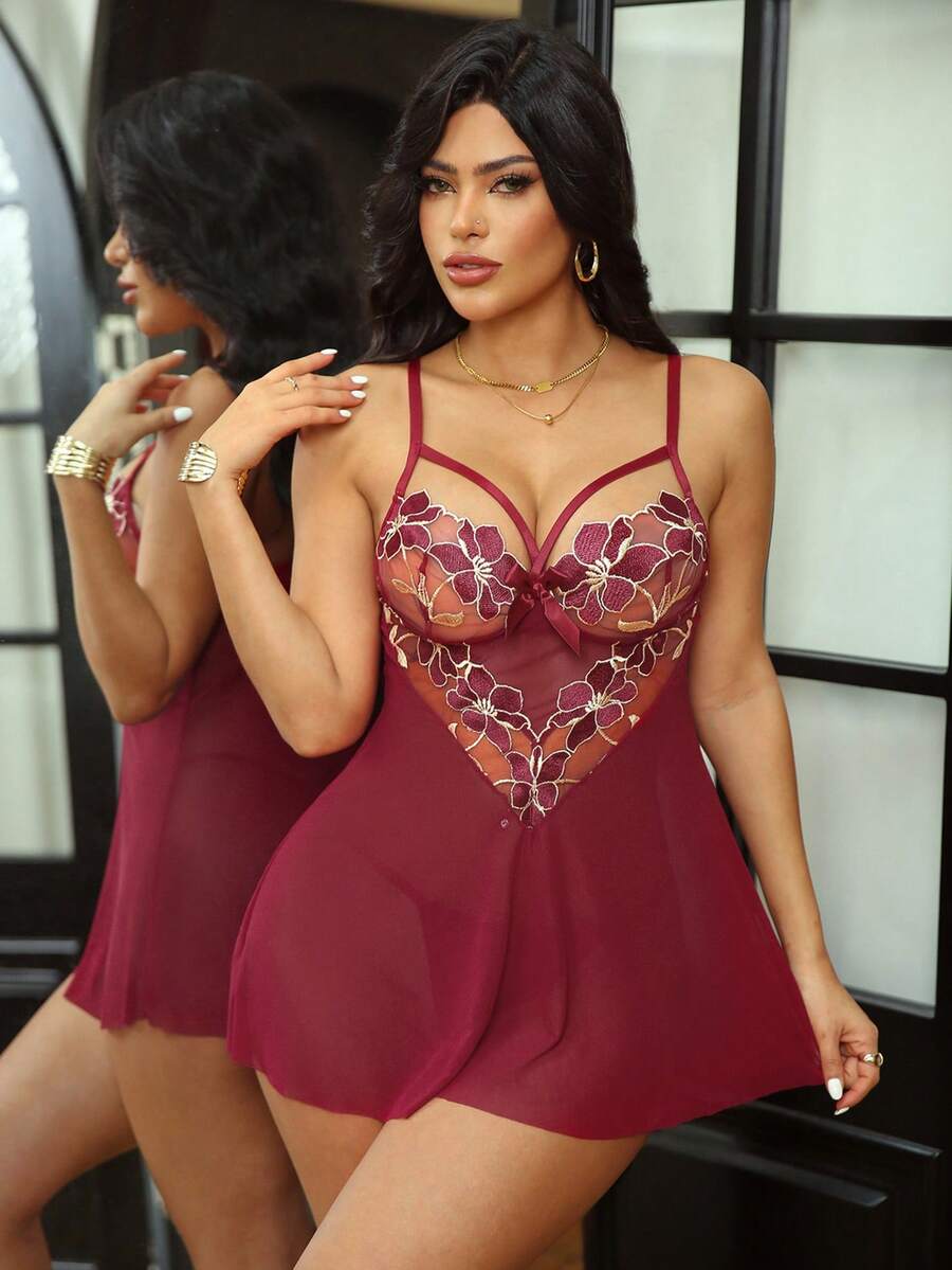 两件套：经典3D刺绣酒红色花卉薄纱吊带睡裙，配有可调节肩带和配套丁字裤，性感 - 酒紅色 - 查看 1