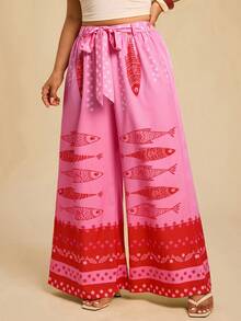 Travachic 加大码全印花系带阔腿夏季裤 - 玫紅色 - 查看 3