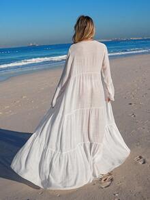 Swim Vcay Women's Solid Woven Kimono, Long Flare Sleeve, Elegant Beach Vacation Flowy White - White - View 4