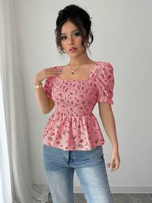 Elenzga Women's Elegant Ditsy Floral Print Slim Fit Blouse - Watermelon Pink - View 4