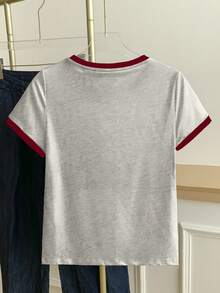 Franclia Camiseta casual de mujer de cuello redondo, de manga corta, con estampado de caballero y bloques de color - Multicolor - Ver 2