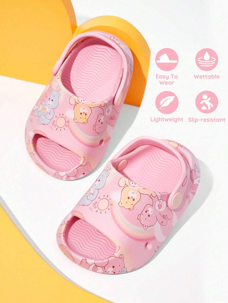 SHEIN X Care Bears Pink Cartoon Baby Hole Shoes Girl Slippers, EVA Material Is Light, Toe Protection, Wet Water, Suitable For Home Or Out Use - Pink - View 1