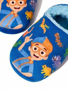 Blippi X SHEIN Cute Cartoon Dinosaurs Blue Children Boys Non-Slip Indoor Slippers Toddlers & Kids Soft Plush Warm Winter House Shoes, Lightweight And Durable, Anti-Slip Silicone Dots,Home Bedroom Air-Conditioned Room Spring, Autumn And Winter - Blue - View 2