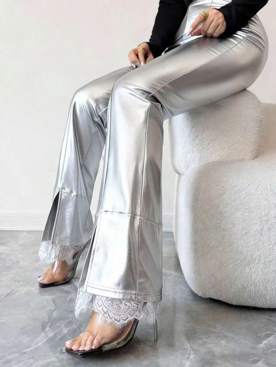 Elenzga Women's Contrast Lace Flared Hem Slit Leggings, Fashionable For Party - Silver - View 1