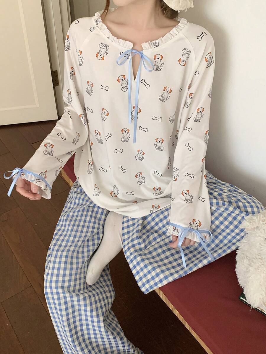 DAZY Happy Dog Allover Print Collar Top & Plaid Pajama Pants Women Sleepwear Set - White - View 1