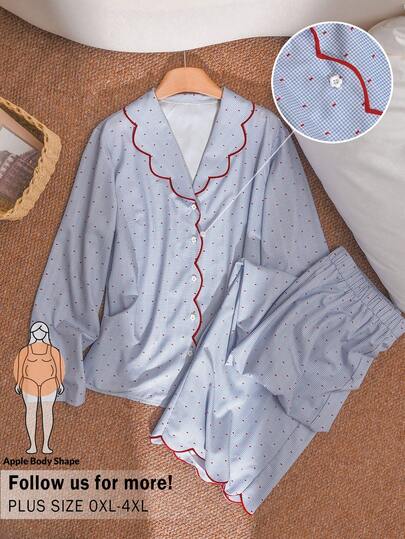 CosyJoli Plus Size Contrast Trim Button Front Long Sleeve Top And Pants Casual 2 Pieces Set Pajama Set Sleepwear Two Piece Womens Pajamas Long Sleeve Pajamas Spring Outfit Women Spring Outfit Sets For Women Pajama Sets For Women