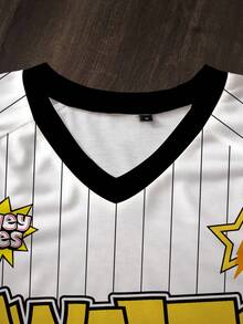 LOONEY TUNES X SHEIN Men's Casual Fashion Street Daily Commute Cartoon Letter Number Striped Print V-Neck Short Sleeve T-Shirt, Summer - White - View 5