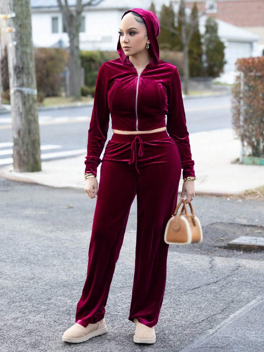 Melissa Matos Women 2pcs Casual Outfit, Front Zipper Long Sleeve Hoodie Top And Pants Set, Minimalist Style, Suitable For Work, Autumn/Winter For New Year Clothes - Red - View 1