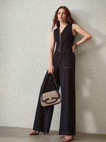 MOTF PREMIUM CONTRAST STITCH SLANT POCKET WIDE LEG JEANS - Dark Wash - View 1