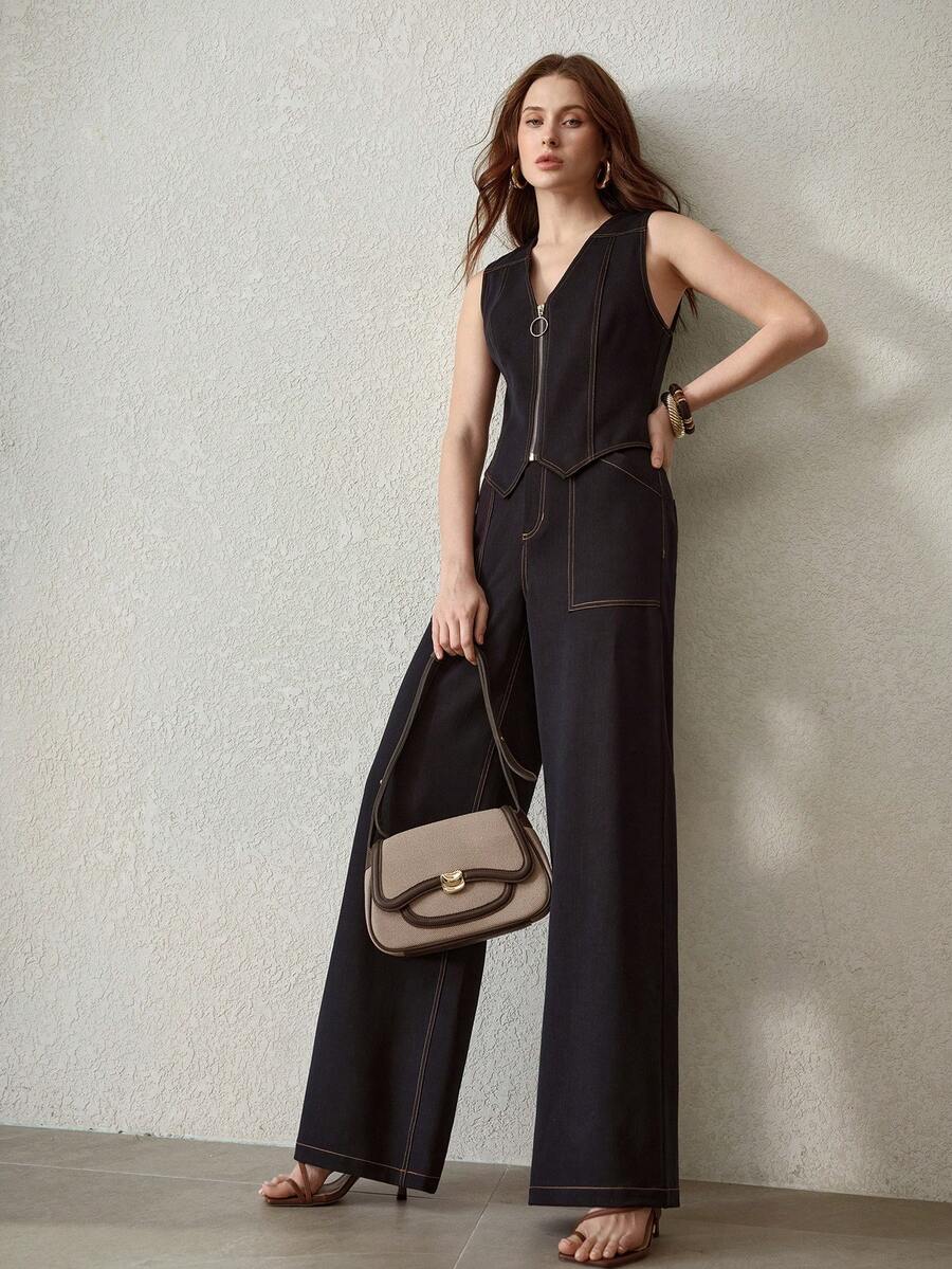 MOTF PREMIUM CONTRAST STITCH SLANT POCKET WIDE LEG JEANS - Dark Wash - View 1