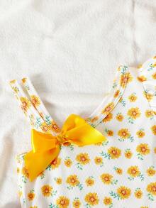 SHEIN 3pcs Baby Girls' Cute & Fruit And Sunflower Pattern Knitted Bodysuit, Suitable For Vacation And Casual Daily Wear, Summer - Multicolor - View 7