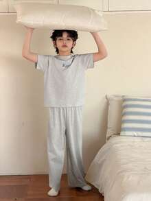 DAZY Tween Boy Letter Print Raglan Sleeve Top And Pants Pajama Set - Grey - View 6
