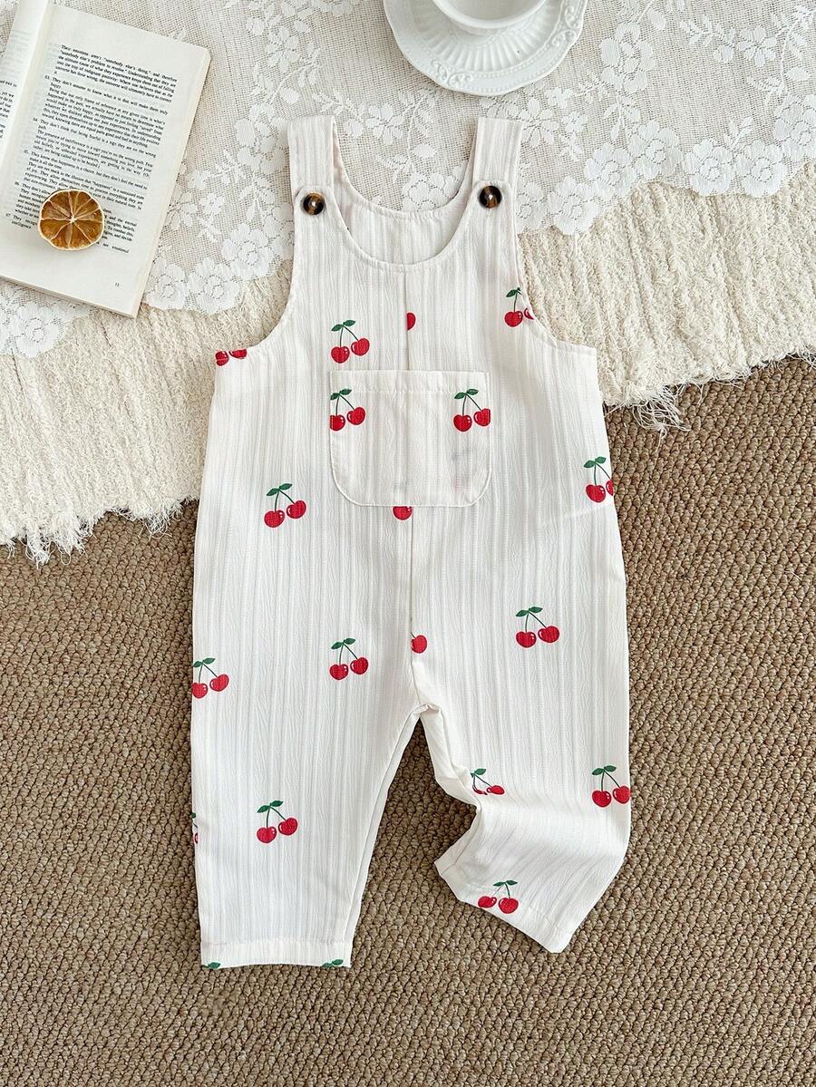 SHEIN 1pc/Baby Girls Unisex Infant Toddler Spring/Summer Cherry Print Beige Striped Overalls With Chest Pocket. Casual Fit, Perfect For Outings - Beige - View 1