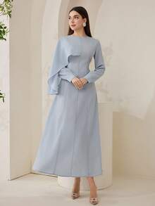 Veilorie Women's Elegant Solid Color Asymmetrical Cape Sleeve Waist Cinched Arabic Style Dress, Suitable For Spring And Autumn - Blue - View 6
