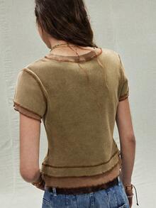 SoleilVie 女士圆领二合一扎染五角星水洗复古T恤 - 綠色 - 查看 3