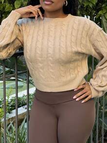 Tyla Gomez Women's Plain Round Neck Dolman Sleeve Casual Knit Sweater, Autumn/Winter,Long Sleeve Tops Knit Pullover Fall Outfit - Khaki - View 4