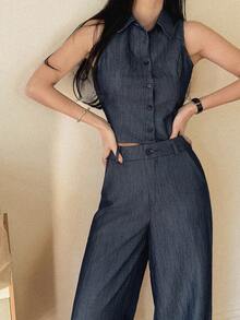 DAZY Women's Collared Sleeveless Backless Tie-Up Denim Top And Loose Wide-Leg Denim Pants Casual Suit Summer - Dark Wash - View 4