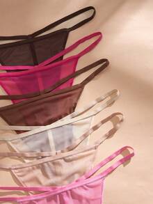 Eraneu 6pcs/Pack Solid Color Sheer Mesh Sexy Thong Panties For Women - Multicolor - View 3