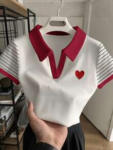 Resyla Women's Contrast Striped Print & Heart Embroidery Casual Short Sleeve Top - White - View 1