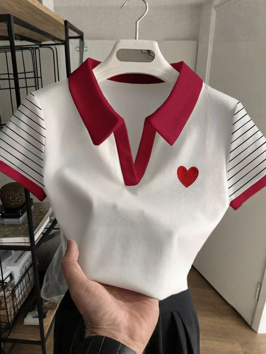 Resyla Women's Contrast Striped Print & Heart Embroidery Casual Short Sleeve Top - White - View 1