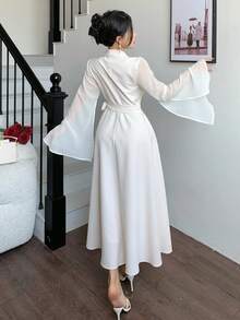 DAZY Women's Lapel Side Tie Waist Elegant Long Suit Dress, Casual & Chic - Apricot - View 3