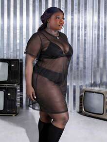 CurvyTilda Plus Sheer Mesh Dress Without Underwear - Black - View 3