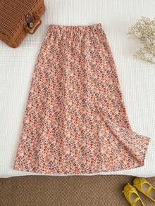 SHEIN Tween Girl Ditsy Floral Elastic Waist Casual Skirt - Pink - View 4