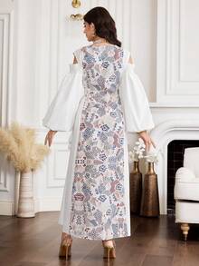 Yasmyna Women's Geometric Pattern Hollow Out Lantern Sleeve Elegant Arabic Style Dress - Multicolor - View 2