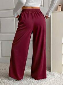 SHEIN EZwear 秋冬大码酒红色V腰阔腿休闲裤 - 酒紅色 - 查看 2