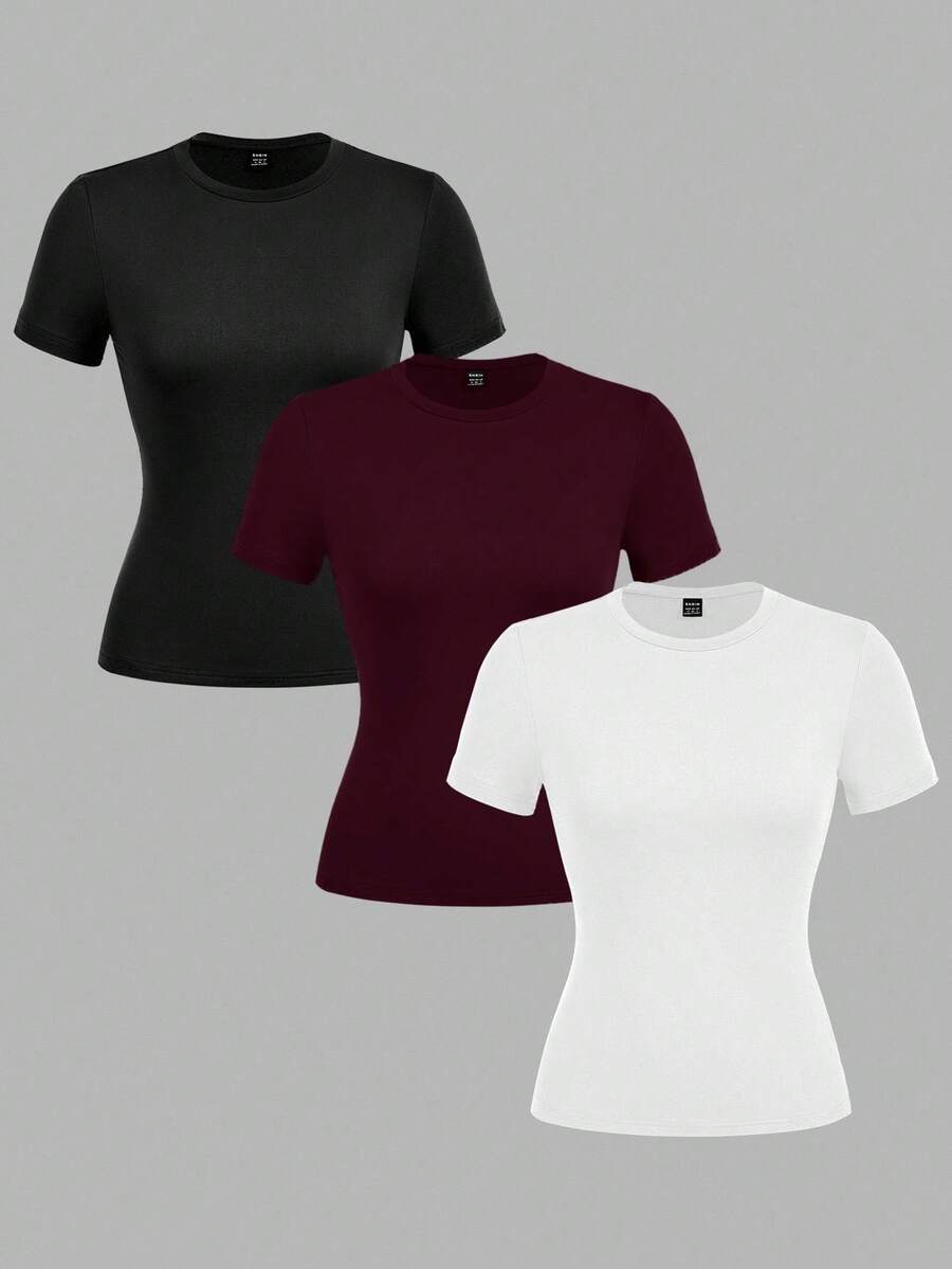 SHEIN EZwear 3件套女士休闲圆领修身长袖T恤套装 - 彩色 - 查看 1