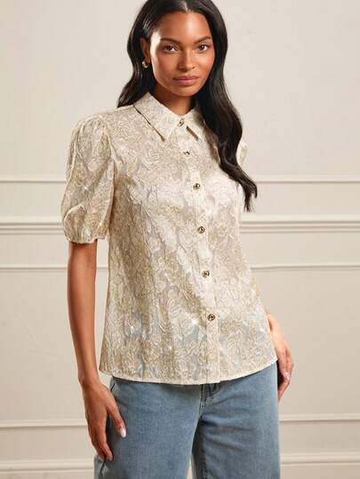 Lilora Women's Elegant Floral Jacquard Short Puff Sleeve Single-Breasted Shirt