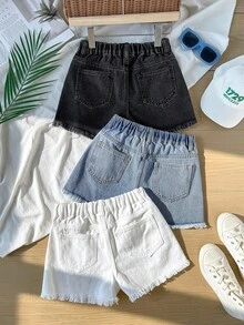 SHEIN 3件組青少年女孩時尚返校街頭風混搭百搭設計 Y2K復古酷感夏季海灘波希米亞返校街頭風混搭百搭設計 3件組黑色、藍色、白色寬鬆牛仔破洞斜口袋短褲，女孩夏季度假演唱會電音節短褲 - 彩色 - 查看 2