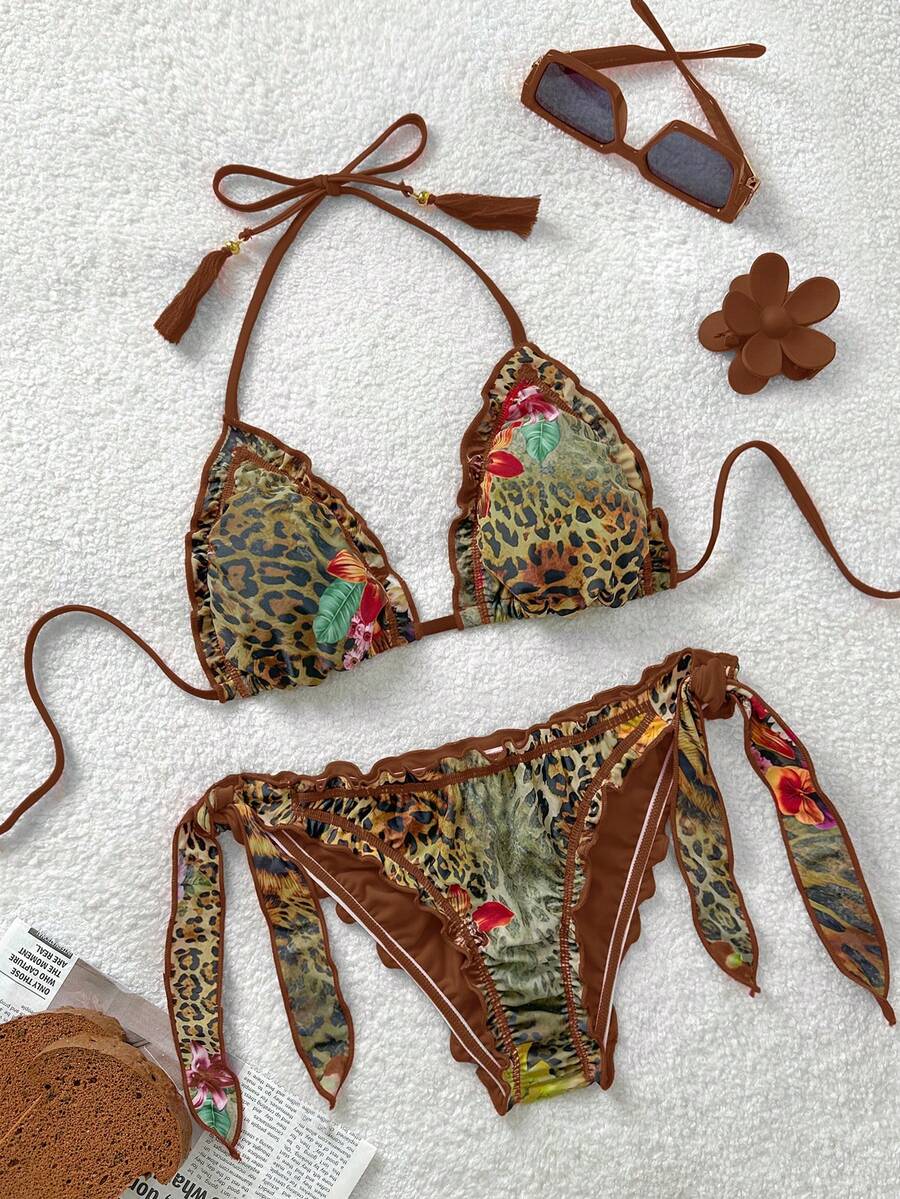 Soleia Bộ bikini đi biển cổ điển nhiều màu sắc với họa tiết da báo, ngựa vằn, hoa lá, kiểu dáng bèo nhún, buộc dây phía trước và tua rua trang trí dành cho nữ. - màu nâu - Xem 1