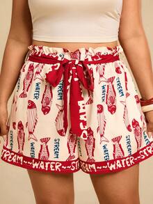 Travachic 大码女式字母鱼印花口袋宽松休闲短裤，适合春夏季节度假沙滩穿着，沙丁鱼图案印花短裤，度假短裤 - 彩色 - 查看 5