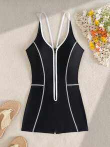 Swim SPRTY Women's One-Piece Swimsuit, Zipper Front Sleeveless Swimwear, Sporty Beach Vacation Swimsuit - Black and White - View 5