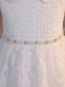 SHEIN Girls' Bowknot Party Dress, Butterfly Fabric Texture, Elegant Flower Girl Bridesmaid Sweet A-Line Dress - White - View 6