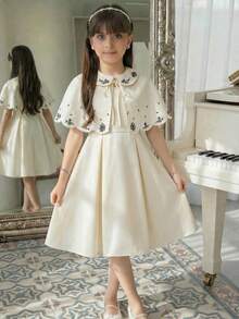 SHEIN Đầm công chúa không tay xếp ly eo, màu trơn thanh lịch dành cho bé gái, họa tiết in nổi, viền bèo nhún, kiểu dáng sang trọng. - Màu Khaki - Xem 3