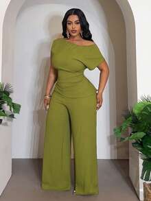 Veslaya 2026春夏大码女装新款音乐节、复活节、西部风、游牧风、生日派对、毕业典礼、大学、学生、日常休闲、基础款、休闲、度假、邮轮旅行、海滩、日光浴、爆款、街头风、婚礼宾客波西米亚风、通勤、早午餐、机场、派对、假日郊游、优雅晚宴、舞会、休闲、高端优雅绿色不对称单肩收腰不对称下摆阔腿裤套装两件套 - 綠色 - 查看 7