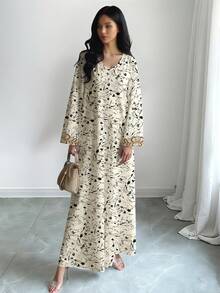 SHEIN Najma 女士花卉图案复古印花V领长袖优雅阿拉伯风格连衣裙，适合春秋季穿着 - 彩色 - 查看 4