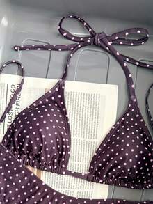 Swim Mod 2026春夏女士波点印花挂脖泳衣，高衩下装，两件式比基尼套装，波点比基尼度假比基尼波点泳装 - 彩色 - 查看 4