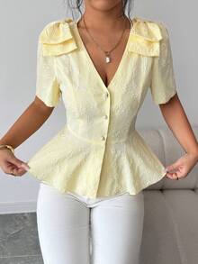 Elenzga Áo kiểu nữ màu vàng họa tiết hoa, chất liệu vải jacquard dệt nổi, cổ chữ V, cài cúc phía trước, điểm nhấn là cúc ngọc trai và dây thắt eo hình nơ. - Màu vàng - Xem 6