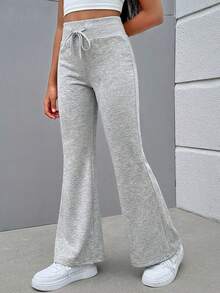 SHEIN Teen Girls Floral Gray Knit, Casual Fashion Everyday Versatile Wide Leg Sweatpants Bell Bottom Pants Grey Sweatpants Flare Pants Flare Sweatpants Fall Winter - Grey - View 4