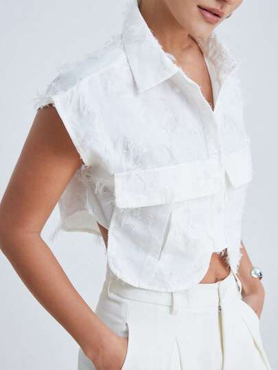 Aveloria Modichic Vintage Casual Versatile Commuting Workwear Vest, Decorative Pockets Design, Textured Fringe Fabric, Loose Fit Sleeveless Women Top