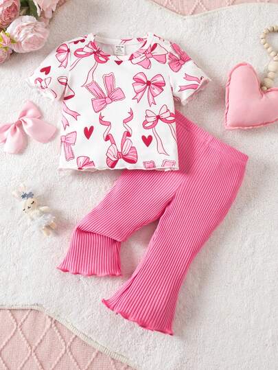 SHEIN Babygirl Cute Pink Bow Knit Top & Elastic Waist Pants Set, Summer