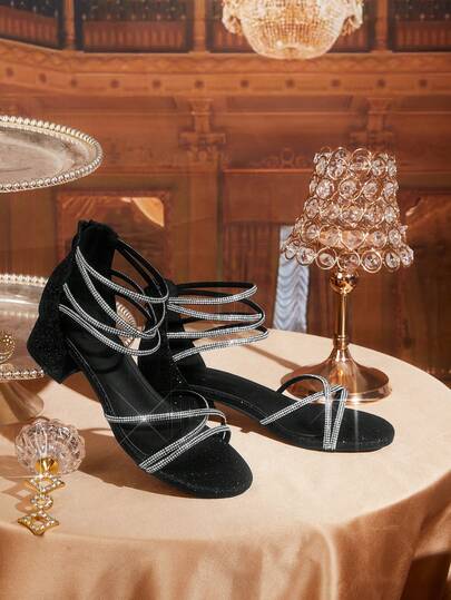 CUCCOO TILAWA Women Shoes Summer Round Toe Thick High Heel Black Rhinestone Strip Open-Toed Women's Sandals Sexy Fashion Gorgeous Comfortable With Skirts Banquet Party Nightclub Women's Medium Heel Sandals